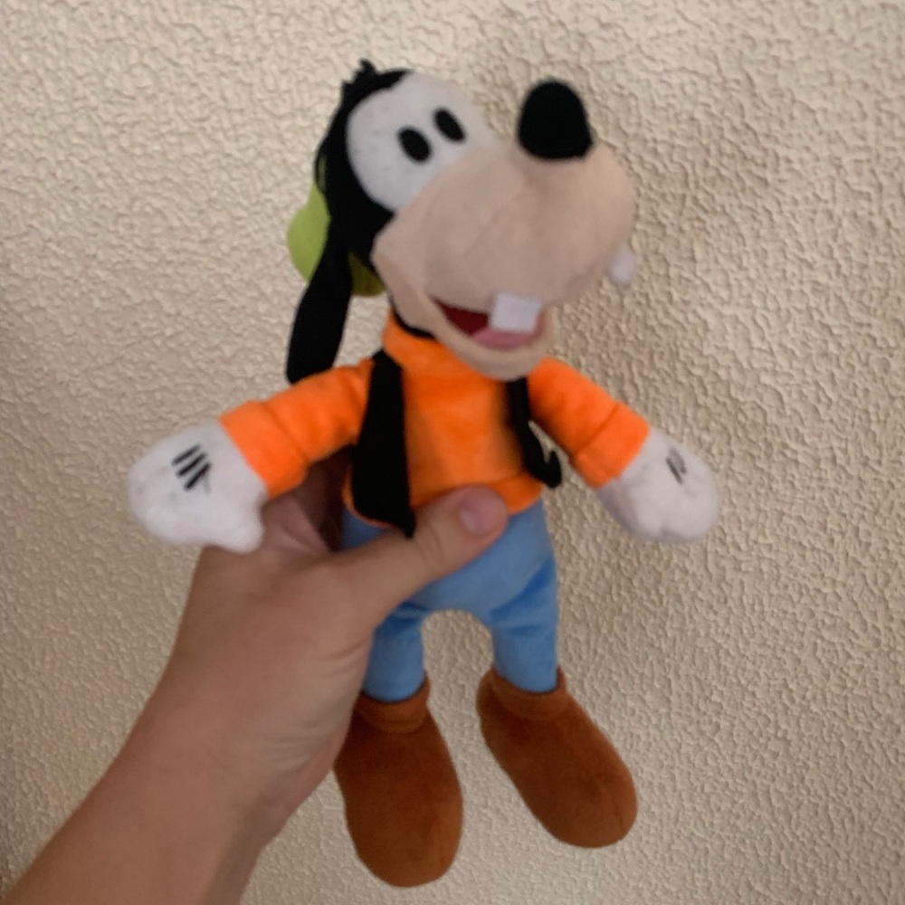 Plush Dog Toy with Orange and Blue Outfit